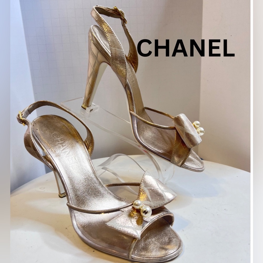 CHANEL Champagne D’orsay Bow Top Heels 36.5”